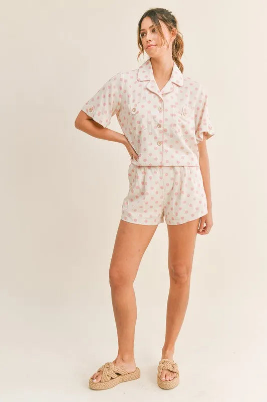 Blush pink coordinating cropped top and shorts set