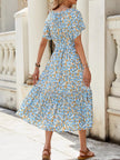 Blue floral print ruffle hem midi dress with tie front waist and short sleeves