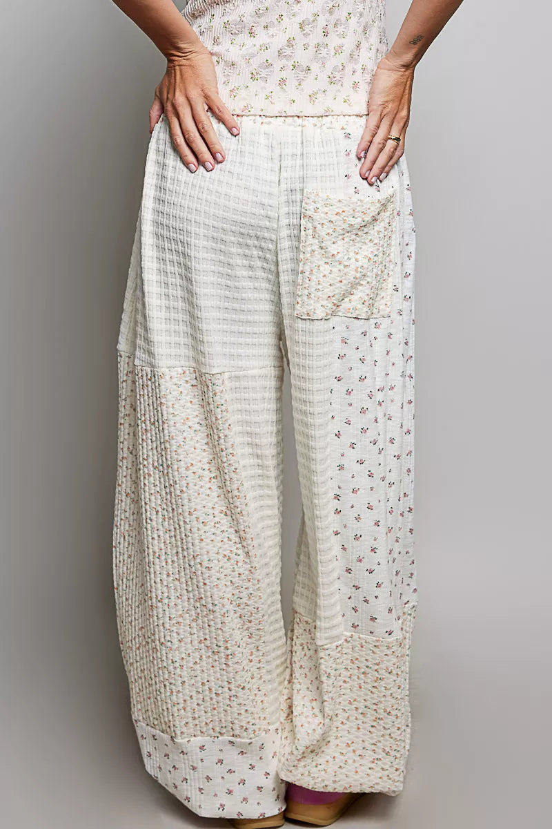 White patchwork mixed knit wide leg balloon pants with floral lace detail patterns