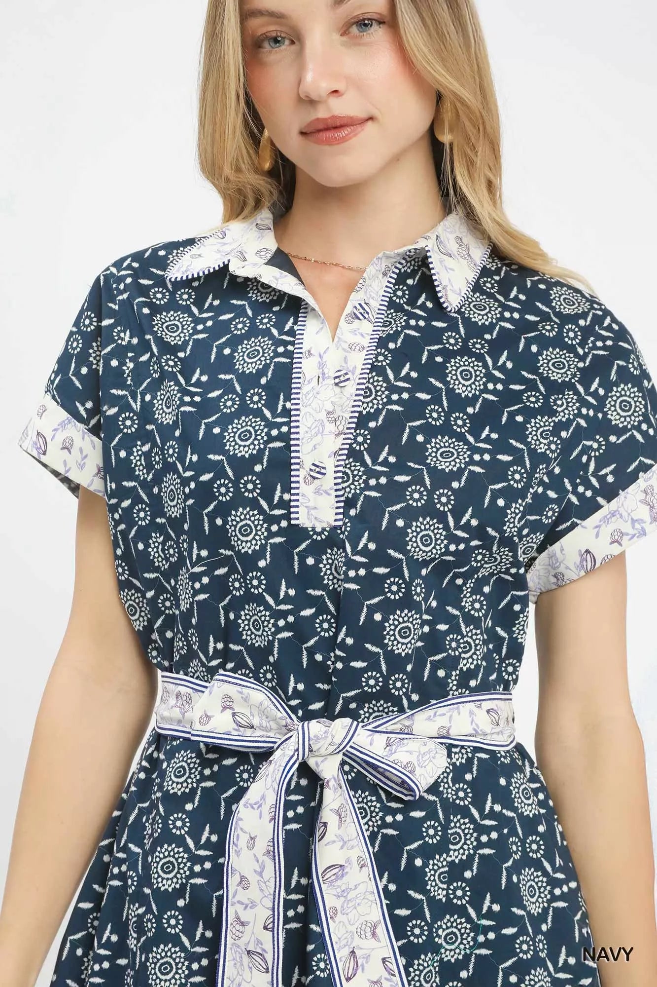 Warm-weather shirt dress with border print and self-tie belt