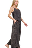 Wide-leg palazzo pants paired with spaghetti-strap cami set