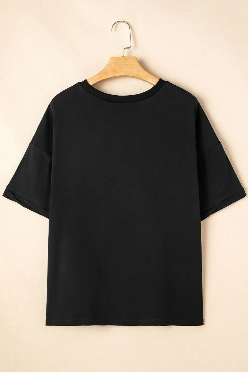 Black sequin strawberry high low half sleeve relaxed fit t-shirt
