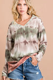 Stylish tie-dye V-neck soft top in earthy ombré greens with stretchy fit for casual wear