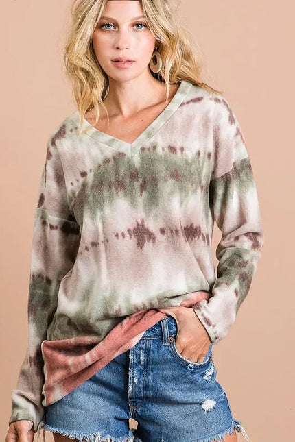 Stylish tie-dye V-neck soft top in earthy ombré greens with stretchy fit for casual wear