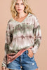 Stylish tie-dye V-neck soft top in earthy ombré greens with stretchy fit for casual wear