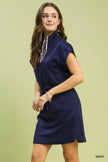 Trendy navy dolman-sleeved dress with floral zip detailing, soft rayon-polyester blend, relaxed fit, casual chic style