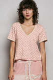 Peach vintage wash ribbed v-neck short sleeve t-shirt with blue floral print and lace trim