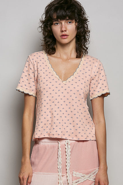 Peach vintage wash ribbed v-neck short sleeve t-shirt with blue floral print and lace trim