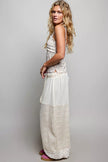 Cream patchwork mixed knit wide leg balloon pants with floral prints and lace detail