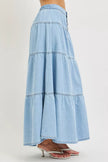 High rise light wash denim maxi skirt with tiered ruffles and elastic waist