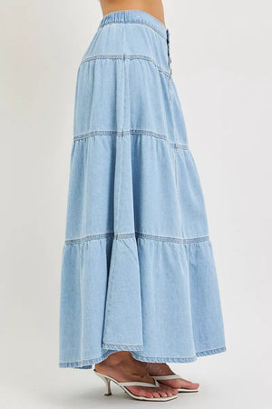 High rise light wash denim maxi skirt with tiered ruffles and elastic waist