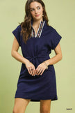 Trendy navy rayon-polyester dress with dolman sleeves, floral zip neckline, casual fit