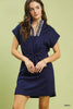 Trendy navy rayon-polyester dress with dolman sleeves, floral zip neckline, casual fit
