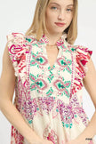 Border print ruffle midi dress with lightweight rayon blend