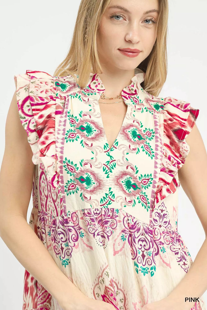 Border print ruffle midi dress with lightweight rayon blend