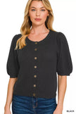 Charcoal black wool cardigan with puff sleeves front view