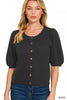 Charcoal black wool cardigan with puff sleeves front view