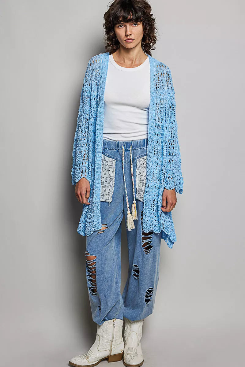 Light blue openwork cardigan with scalloped edge, loose fit, crochet texture, front open design.