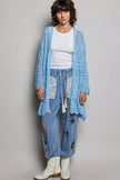 Light blue openwork cardigan with scalloped edge, loose fit, crochet texture, front open design.