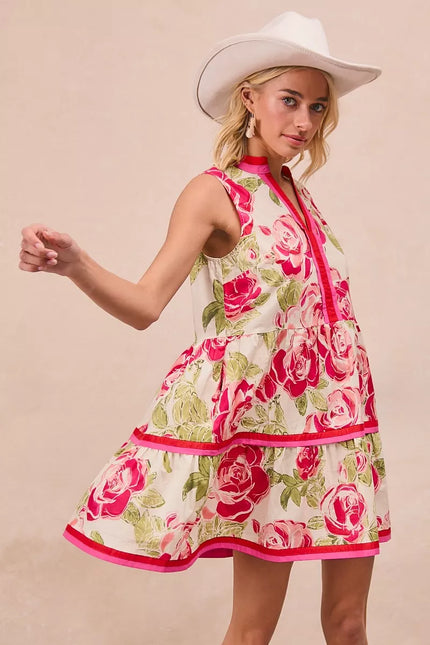 Close-up of floral print on sleeveless tiered mini dress