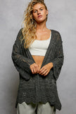 Gray openwork cardigan with scalloped hem, lightweight knit, loose fit, lace detailing
