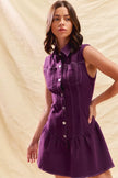 Front view of sleeveless button-down mini dress in orchid purple
