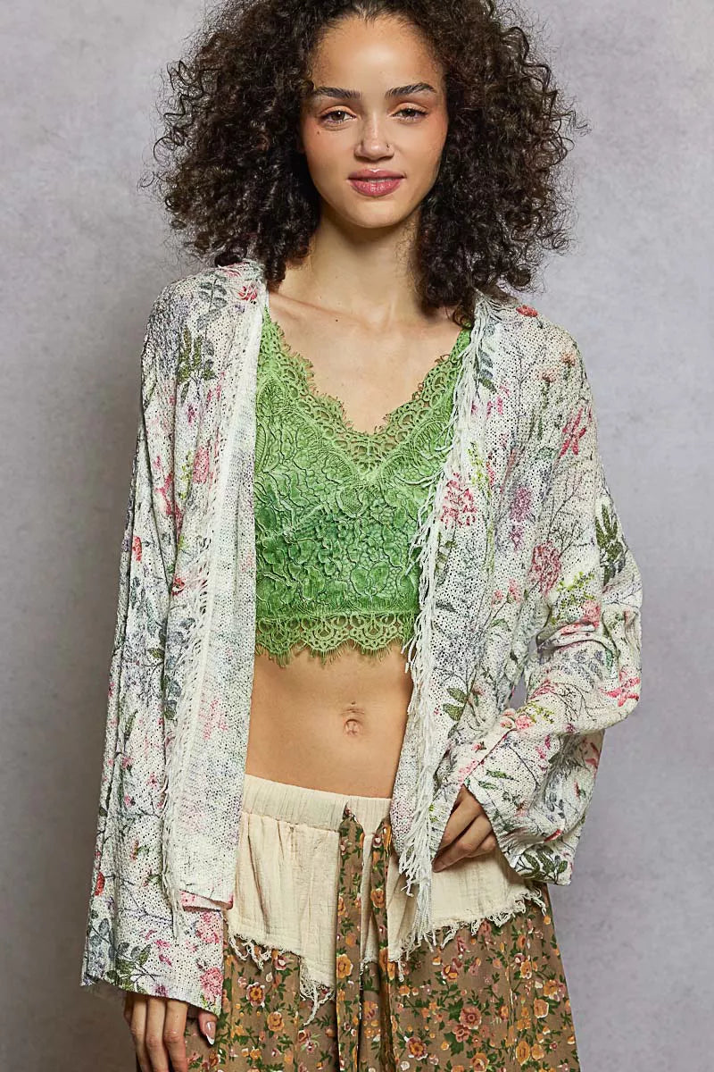 Close-up of boho floral fringe detail on cardigan