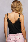 Black ribbed cami with lace trim and adjustable straps, shown from back with V-neck detail.