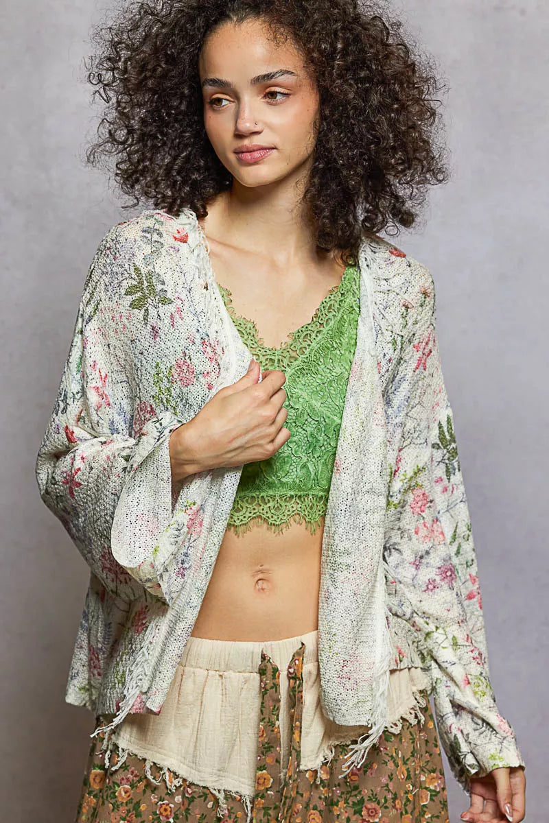 Floral print open-front fringe cardigan in soft knit