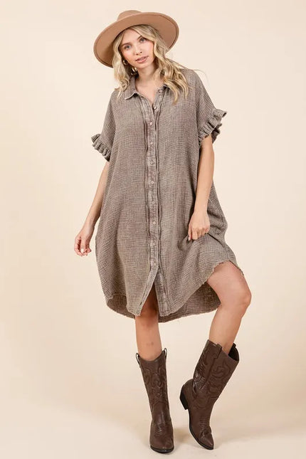 Brown mineral wash cotton gauze shirt dress with ruffle sleeves and button front fit