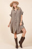 Brown mineral wash cotton gauze shirt dress with ruffle sleeves and button front fit
