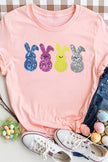 Pink sequin bunny t-shirt with rainbow colors, soft fabric, relaxed fit, Easter-themed design.