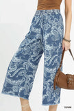 Blue stone wash floral wide leg cropped denim pants with frayed hems