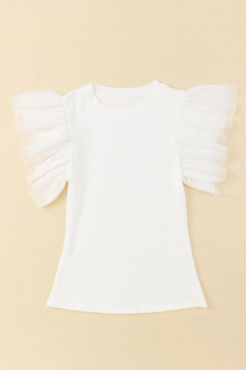 White ruffled cap sleeve blouse with textured fabric and round neck fit