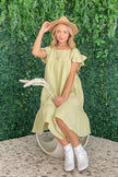 Lime green cotton gauze baby doll dress with ruffled sleeves and tiered skirt fit