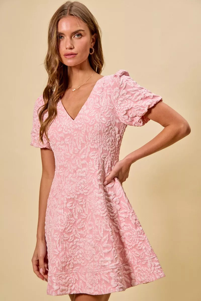 Fit-and-flare mini dress with floral jacquard and structured waistline