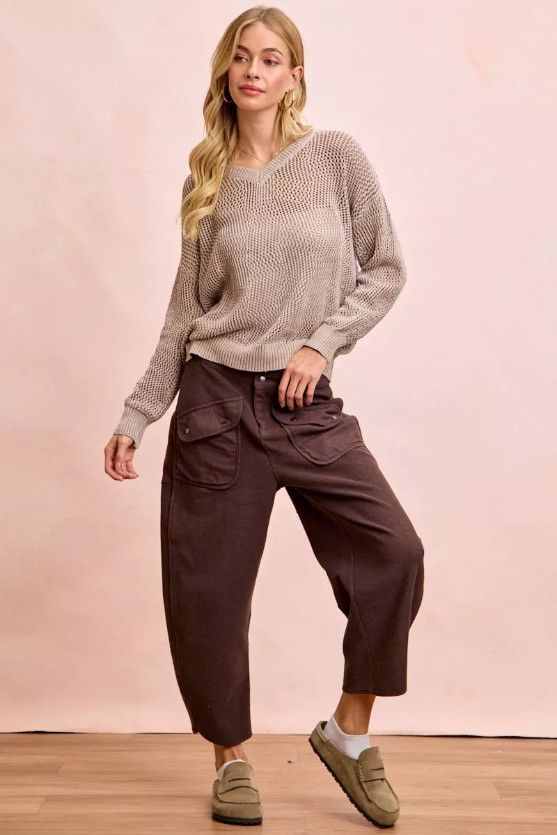 Soft terry fabric texture on mocha brown wide-leg pants