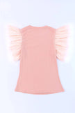 Pink ribbed blouse with ruffled cap sleeves and round neck fit