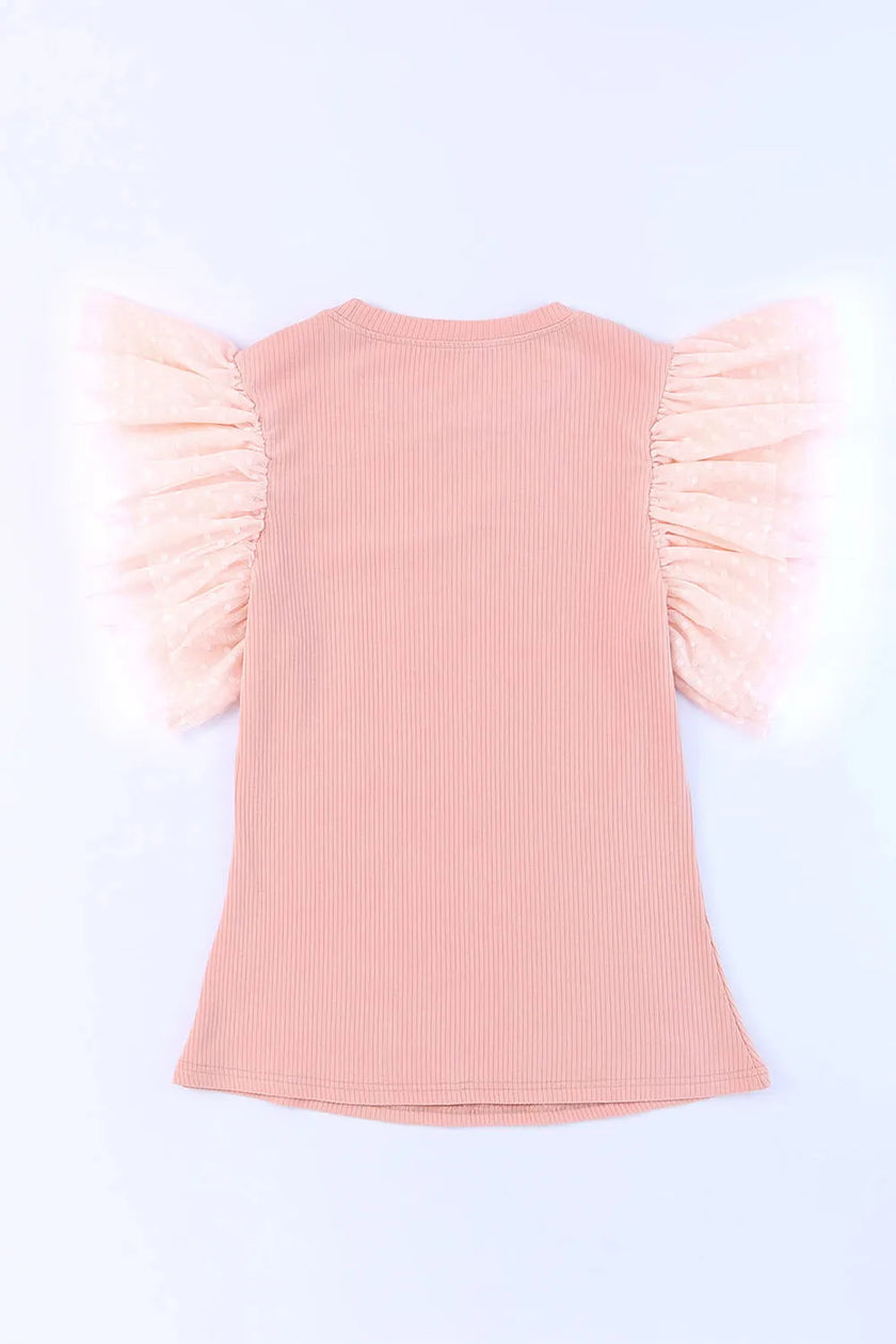Pink ribbed blouse with ruffled cap sleeves and round neck fit