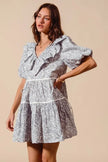 Gray and white cotton dress with ruffled V-neck, puff sleeves, and tiered skirt with side tie