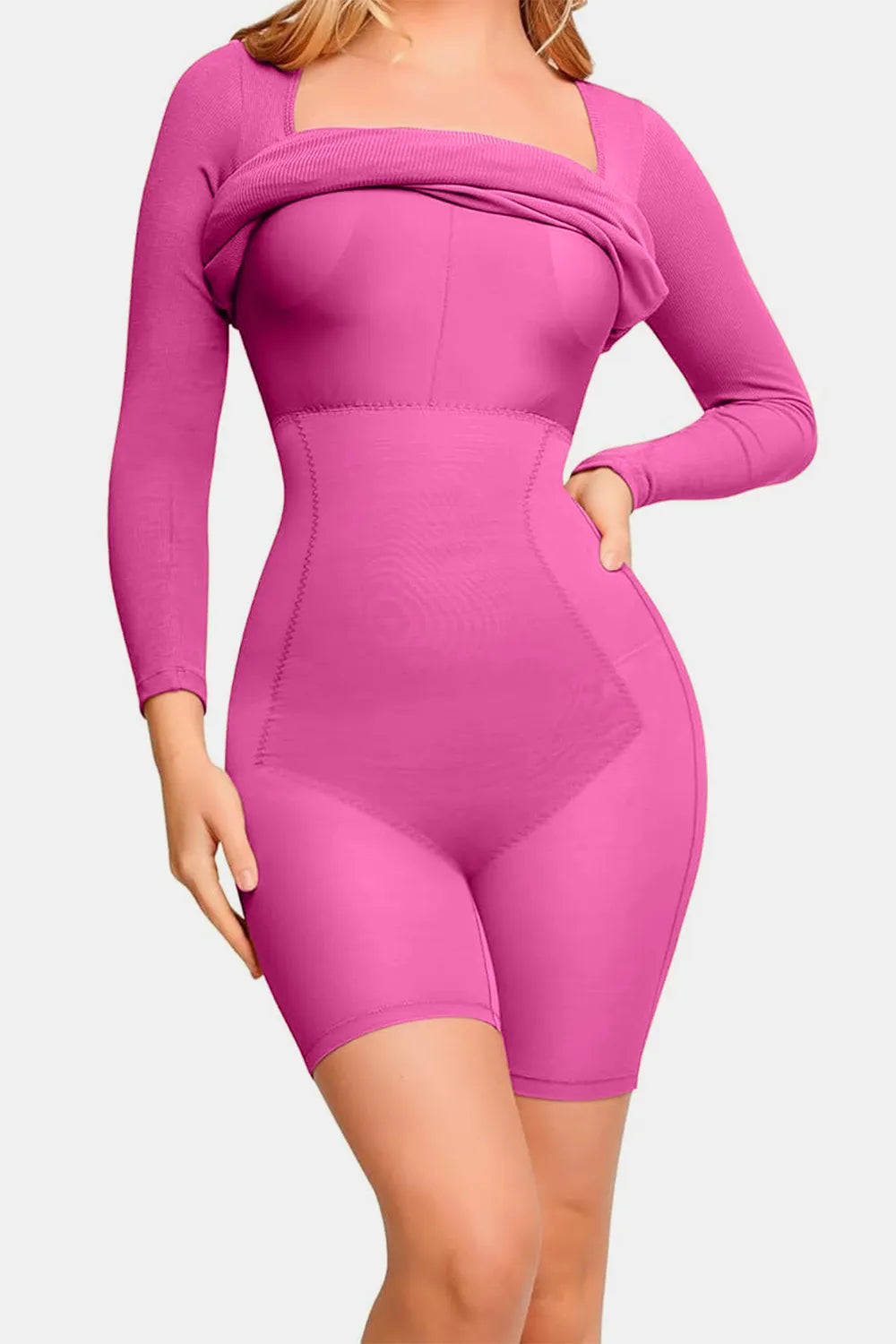Woman modeling square neck long sleeve maxi dress