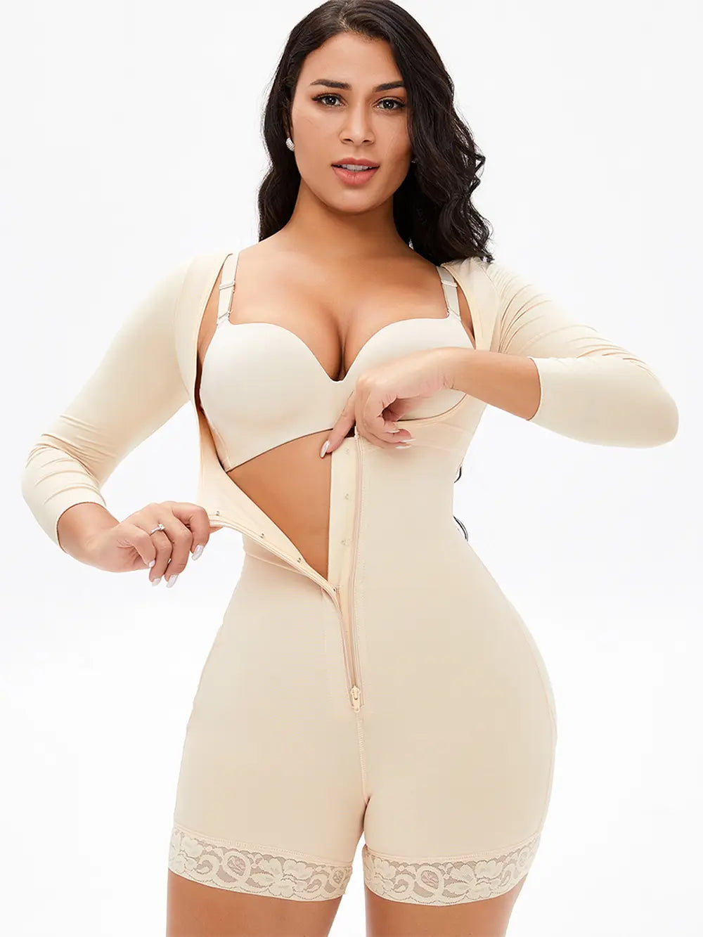Black long sleeve shaper emphasizing smoothing body contour