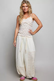 Cream patchwork mixed knit wide leg balloon pants with lace and floral details