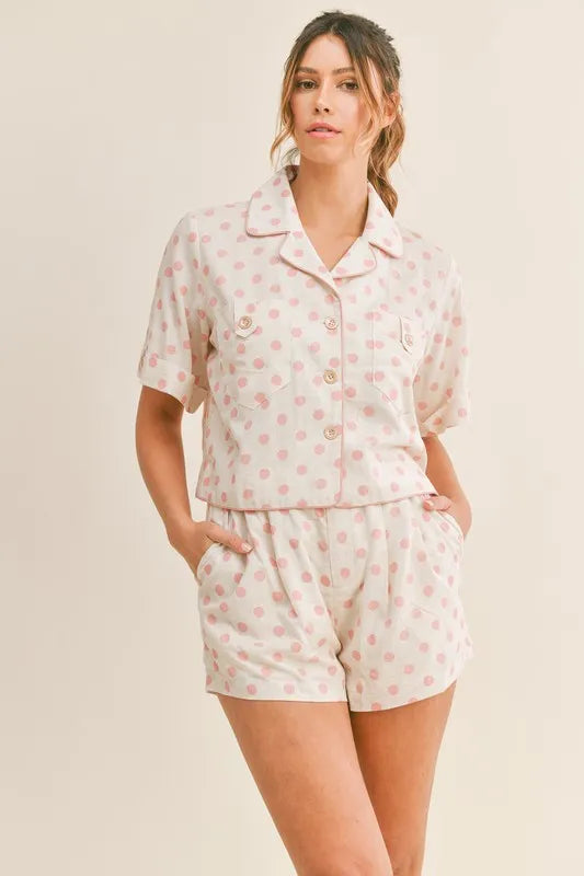Blush pink polka dot crop top with buttoned collar