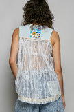 Light blue sheer floral tank top with white lace trim and relaxed fit