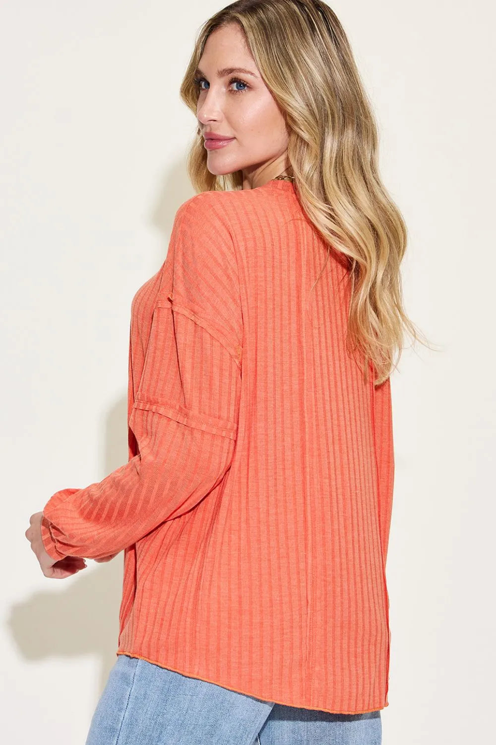 Back view of ribbed long sleeve tshirt fabric texture