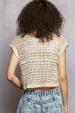 Cream crochet open-knit button-down vest with scalloped edges and relaxed fit.