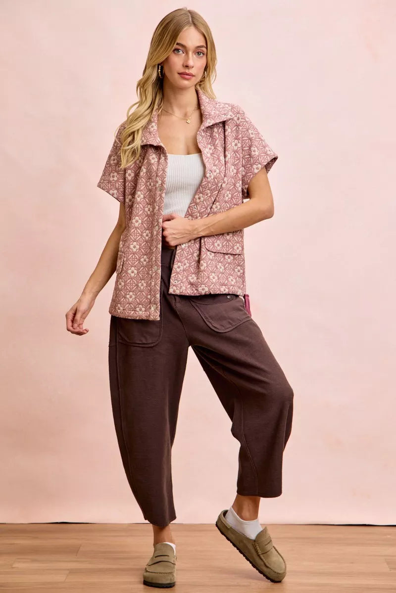 Mocha brown terry pants showcasing relaxed fit and soft texture