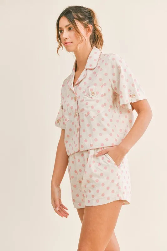 Close-up of polka dot print on cropped lounge top