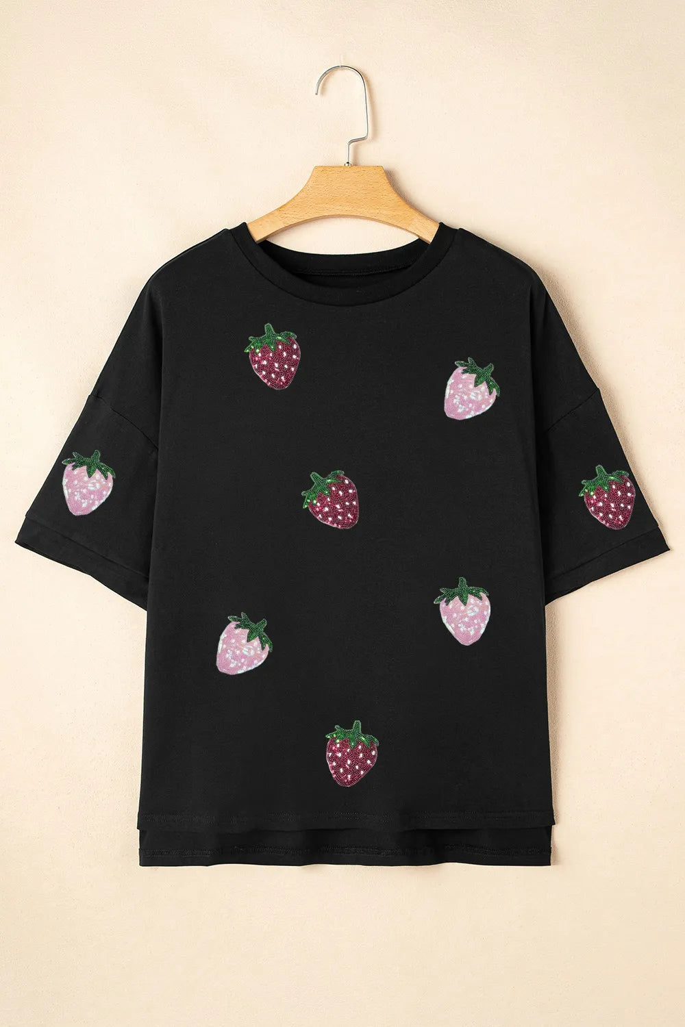 Black sequin strawberry t-shirt, relaxed fit, high-low hem, textured fabric